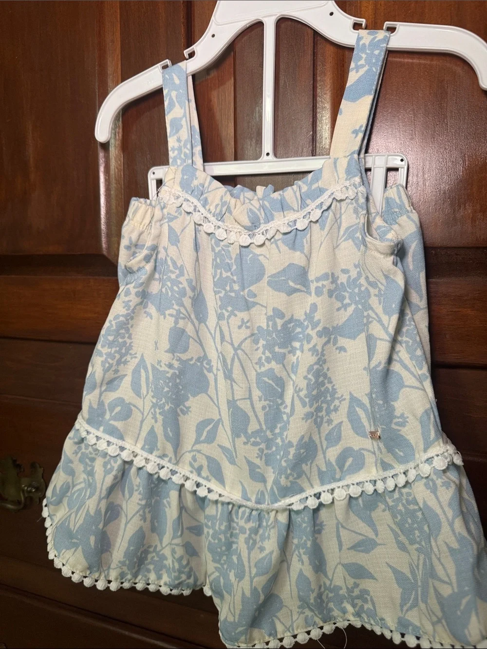 Blue & White Floral Two Piece with Pom Trim